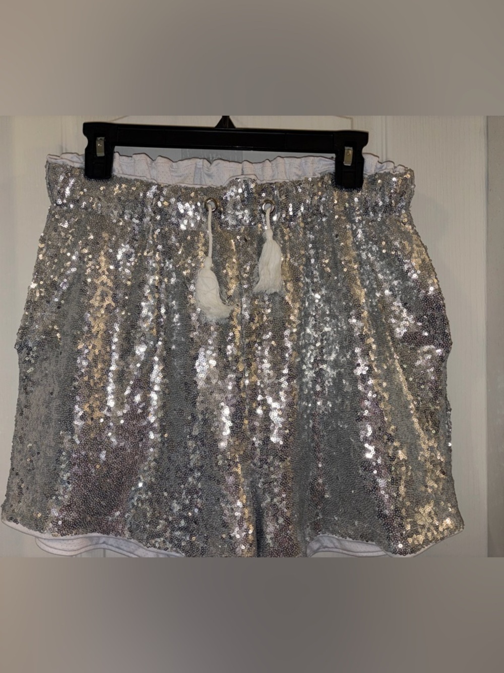 Boutique Silver Sequin Drawstring Shorts